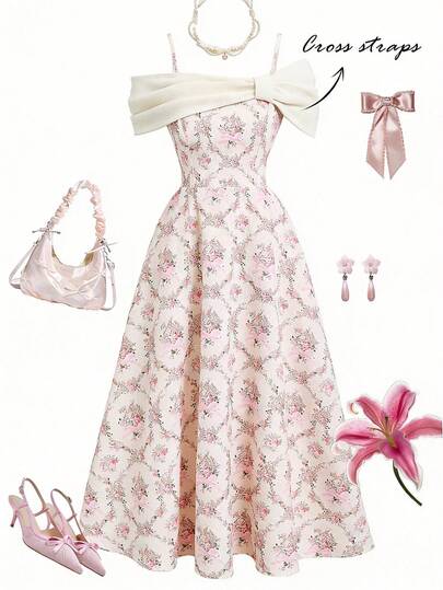 SHEIN Teen Girls A-Line Off-Shoulder Colorblock Floral Print Dress