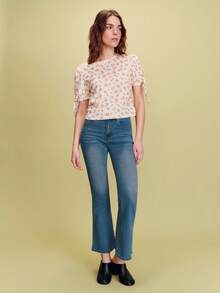 lacRébo Maglietta a maniche corte con stampa floreale, dettaglio con laccio sulla manica, top estivo con stampa ditsy, adatto per vacanze e picnic, nuova collezione abbigliamento estivo da donna - Multicolore - Visualizzare 5