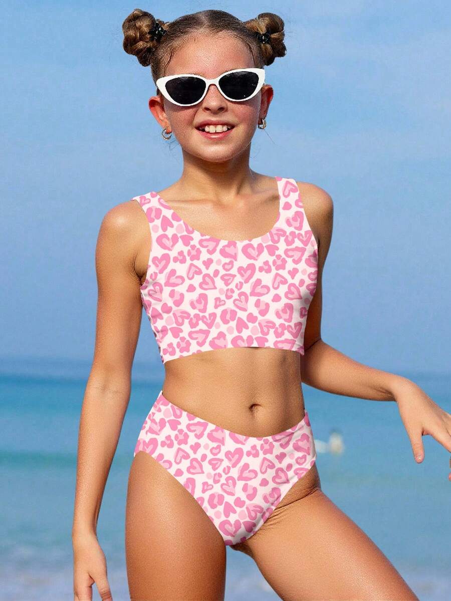 Tween Girl Casual Minimalist Heart Print Tankini Swimwear Set, Suitable For Summer - Multicolor - View 1