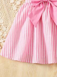 粉白条纹印花蝴蝶结荷叶边短袖休闲百搭时尚女婴连衣裙，春夏假日 - 粉色 - 查看 4