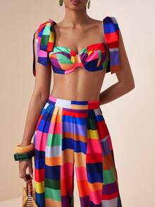 Zivah 2026春夏新款波西米亚度假风彩色格纹印花吊带背心+高腰阔腿裤两件套。适合度假、旅行、西部风情、海滩、游牧生活、约会、情人节、婚礼季、海滩、节日、日常出行、派对、购物、机场穿搭和早午餐穿搭。女士多色两件套夏季套装，夏季两件套，节日两件套。 - 彩色 - 查看 5