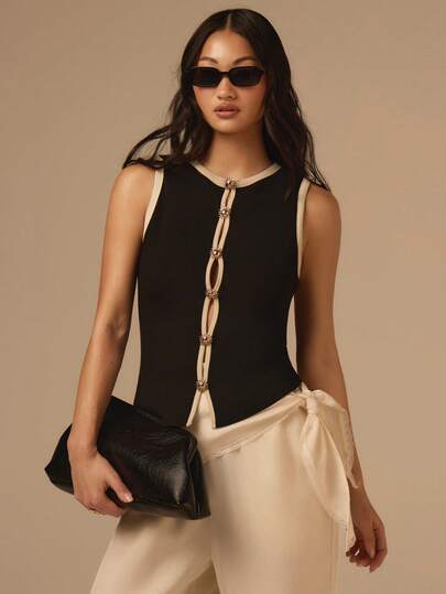 COSMINA Áo tank top nữ không tay thanh lịch, phối viền tương phản, có cúc trang trí bằng kim loại, kiểu dáng đa năng, phù hợp cho công sở và thường ngày, thích hợp cho mùa xuân.