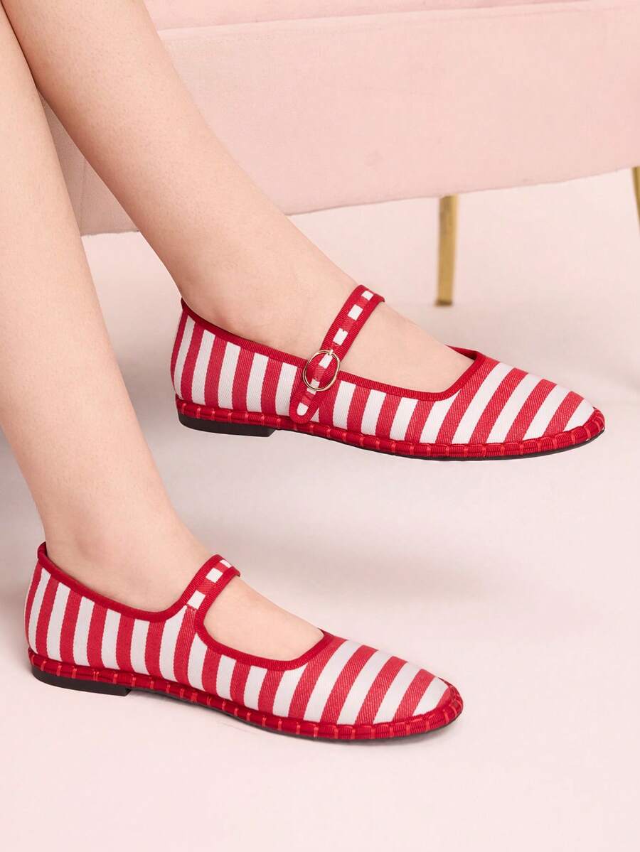 CUCCOO DOLLMOD Women's Shoes Classic Red Striped Single Strap Flats Spring Shoes - red stripe - View 1