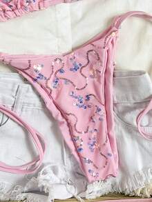 Costavie 两件套彩色亮片特殊面料三角罩杯文胸和侧系带泳裤性感比基尼套装，春夏女士泳装套装亮片比基尼泳衣套装粉色系带比基尼套装女士两件套泳衣亮片比基尼套装闪亮比基尼女士比基尼套装女士泳衣全包覆式女士泳衣套装女士夏季两件套 - 粉色 - 查看 6