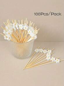 50/100Pcs Bamboo Pick Sweet Daisy Theme Flower Fruit Fork, Party Dessert Salad Stick Cocktail Skewer, Wooden Picks Wedding Birthday Party Supplies - Multicolor - View 1