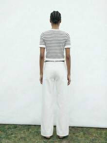 Maija 女士圆领短袖条纹休闲简约百搭薄款开衫 - 藍白色 - 查看 5