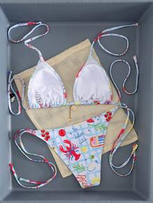 Swim Mod 2pcs/Set New Random Print Halter Sexy Elegant Vacation Bikini Set, Suitable For Beach, Pool Party - Multicolor - View 2