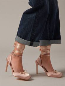 Hauture Sepatu Hak Tinggi Wanita Elegan dengan Hiasan Pita dan Tali Pergelangan Kaki - Coral Pink - View 4
