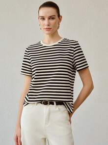 MOTF PREMIUM CAMISETA DE MUJER DE CUELLO REDONDO DE MANGA CORTA, BLUSA RAYADA CASUAL Y VERSÁTIL PARA EL VERANO - Negro - Ver 5
