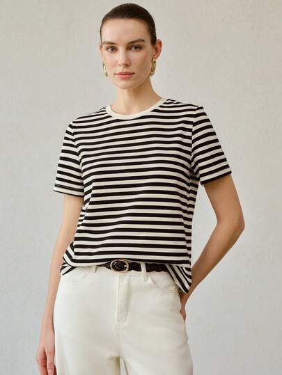 MOTF PREMIUM Áo thun nữ cổ tròn tay ngắn, dễ phối đồ, kiểu dáng thường ngày kẻ sọc, thích hợp cho mùa hè.