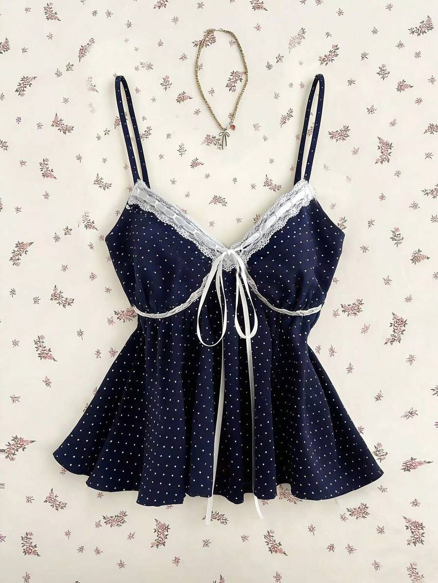 Flirla 海军蓝波点蝴蝶结蕾丝边吊带背心,女士百搭单品,适合野餐、度假、日常穿着 - 白色 - 查看 1