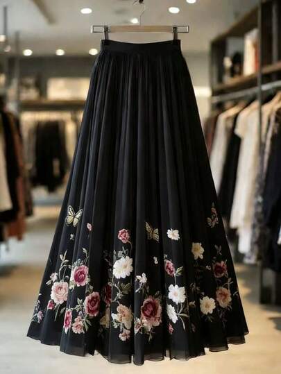 Franclia Soft Blush Tulle A-Line Long Skirt With Vintage Rose & Butterfly Print - Relaxed Waist, Flowy & Elegant Fairy Skirt