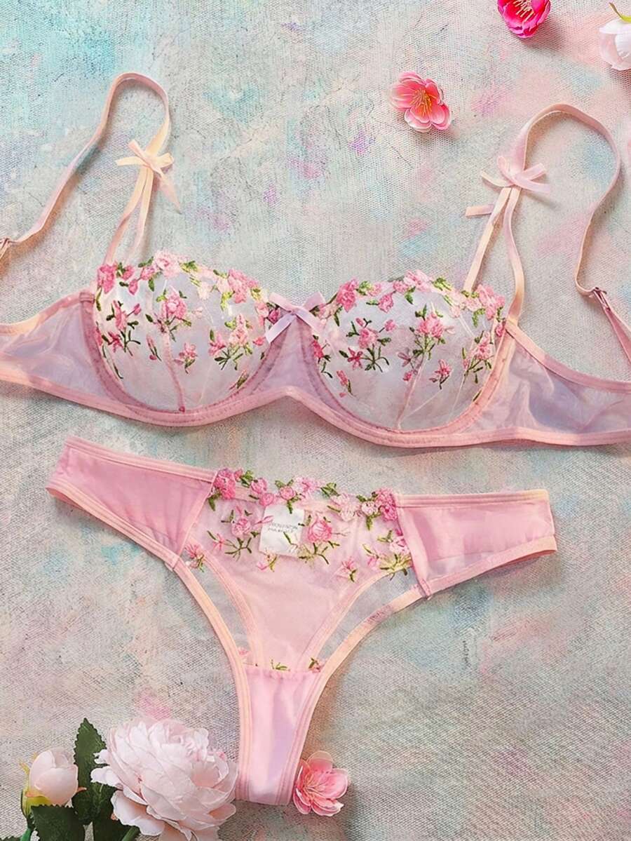 2 piezas Conjunto de lencería sexy de sujetador y pantie con bordado de flores románticas y lindas en malla, color rosa - Rosa - Ver 1