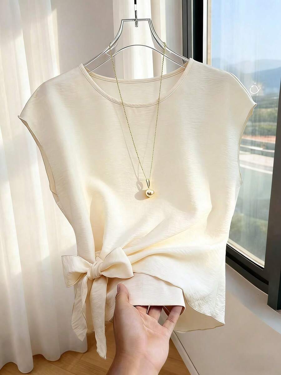 Franclia 优雅圆领休闲百搭不对称下摆系结杏色短袖女式衬衫 - 杏色 - 查看 1