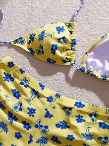 Swim Mod 2026 Spring/Summer New Floral Print Sexy Backless Halter Tie Shorts 2pcs Beachwear Swimwear Set Bikini Set - Yellow - View 6