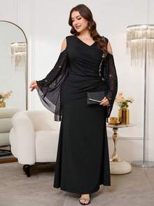 Reflora Plus Size Elegant Party Off-Shoulder Beaded & Sequin Decor Mesh Patchwork Flare Sleeve Dress - Black - View 6
