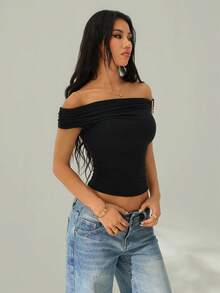 SHEIN PETITE 不对称肩部针织T恤上衣，紫红色黑色上衣 - 黑色 - 查看 11