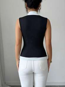 Rafferiza Women's Elegant Black & White Patchwork Sleeveless Top,Women's Casual Knitted Fabric Sleeveless Collar Top 2 In 1 Black Colorblock Tank - Black - View 2