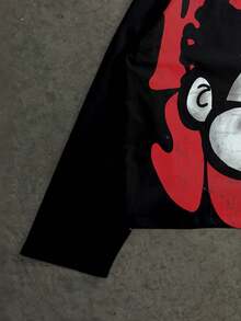 Manfinity ZONE917 方正宽松做旧趣味大脸图案短款长袖T恤 - 黑色 - 查看 4