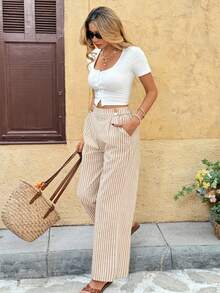 SHEIN Frenchy 女士优雅直筒裤，双扣设计，适合通勤 - 杏色 - 查看 6