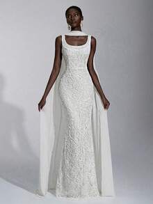 Elitara 优雅杏色奢华浪漫3D蕾丝绳面料，简约奢华魅力吊带高腰修身长款直筒紧身裙，适合新娘、送礼、正式晚宴、婚纱礼服 - 白色 - 查看 5