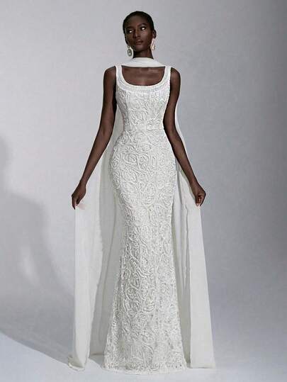 Elitara White Summer Elegant Wedding Luxurious 3D Lace Cord Fabric Minimalist Spaghetti Strap High Waist Long Bodycon Skirt Bridal Gowns