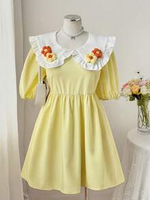 Sweetra 彼得潘领花瓣袖花卉装饰宽松可爱学院风户外度假约会连衣裙 - 黃色 - 查看 3