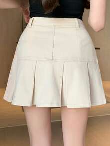 DAZY Chân váy ngắn denim xếp ly màu trơn, kiểu dáng thường ngày dành cho nữ, thích hợp cho mùa hè. - Màu be - Xem 2