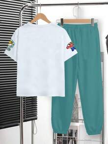 SHEIN 2pcs Tween Boy Casual Y2K Graffiti Letter Print Short Sleeve T-Shirt And Pants Set, Suitable For Spring/Summer - White - View 3