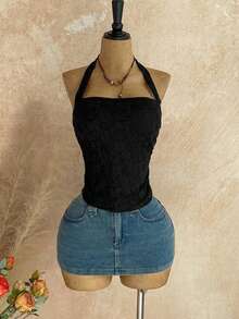 Soleia Camiseta de punto blanca con textura y ajuste ceñido con escote halter para vacaciones de mujer - Negro - Ver 6