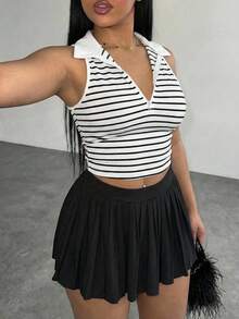 Slaydiva Women's Black And White Striped Two-Piece Set Summer Casual School Back-To-School Outfit,Polo Collar Zipper Vest & Pleated Mini Skirt Y2K Style - Multicolor - View 3
