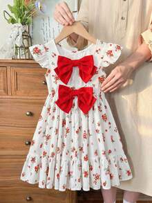 Young Girl Summer Casual Ditsy Floral Bowknot Decor Dress - Multicolor - View 2