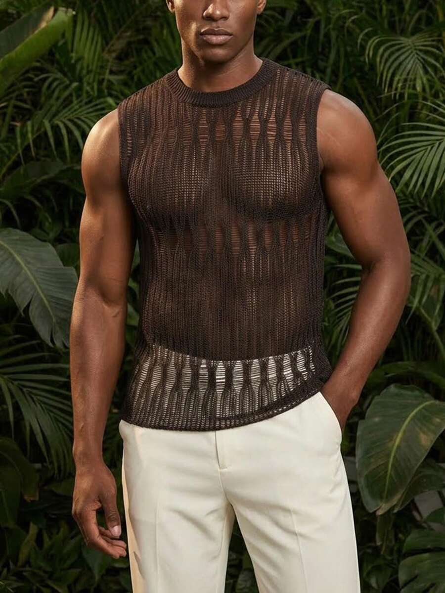 Manfinity Ironwick Maglione casual a girocollo traforato, versatile per il pendolarismo, da uomo - Castano - Visualizzare 1