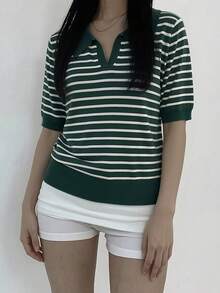 DAZY Áo polo tay ngắn kẻ sọc kiểu dáng thường ngày dành cho nữ, thích hợp cho mùa xuân và mùa hè. - màu xanh lá - Xem 4