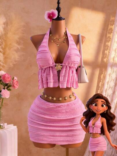 Bellisia 女士夏季度假粉色少女风金属花朵装饰吊带露脐上衣、比基尼泳裤和半身裙三件套泳装沙滩套装