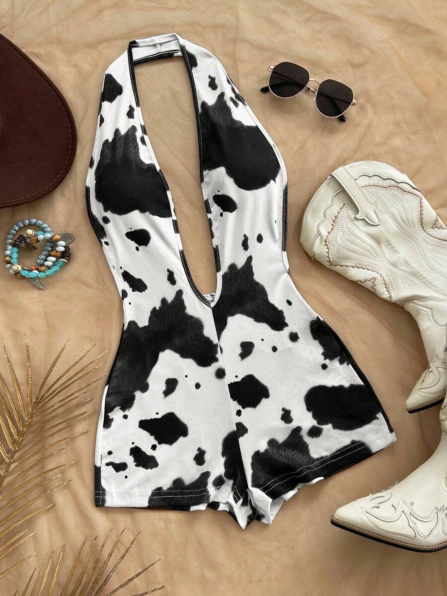 Soleia 女士性感豹纹深V领露背连体衣，时尚紧身衣，适合派对、圣诞节、约会之夜、夜店、海滩、邮轮、下午茶、波西米亚风、度假等场合。 - 黑與白 - 查看 1