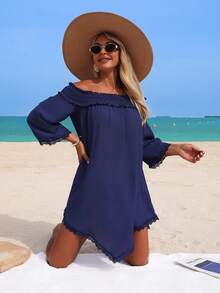 Swim Lushoire Women's Off-Shoulder Lace Ruffle Hem Loose Summer Beach Vacation Dress Cover-Up - Navy Blue - View 5
