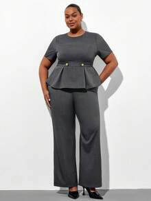SHEIN Clasi Plus Size Minimalist Black & Grey,Summer,Elegant,Semi Formal Shirt And Flare Pants 2 Pieces Set,Women Business Professional Office Wear Work Outfits - Grey - View 4