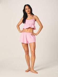 Missguided x Playboy 粉色荷叶边吊带睡衣套装，配松紧腰短裤，夏季睡衣家居服两件套 - 藕粉色 - 查看 4