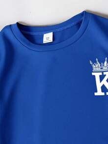 SHEIN 2pcs Tween Boy Patchwork Contrast Color Crew Neck T-Shirt & Shorts Set,Blue White Stripe,Summer,Casual,Streetwear,City Break,Soft Sporty Versatile - Royal Blue - View 4
