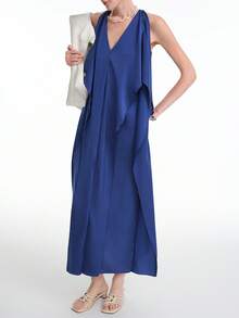 Aalyst 女士春夏新款休闲复古硬币图案无袖连衣裙，高品质缎面面料，藏蓝色 - 藏蓝色 - 查看 6