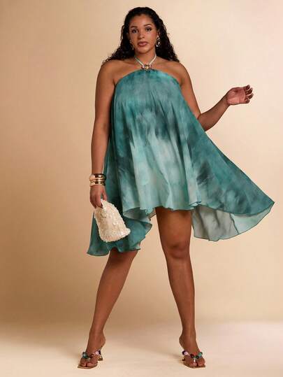 SHEIN BAE 大码女士优雅扎染吊带连衣裙，夏季