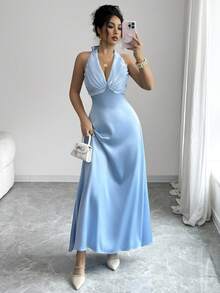 Elenzga Generic Women's Light Blue Satin Halter Maxi Dress, Elegant Deep V Neck Sleeveless A-Line Flowy Formal Dress For Cocktail Party Wedding Guest Bridesmaid Evening Prom - Blue - View 4