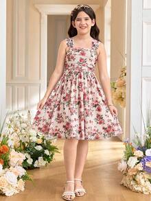 SHEIN Đầm chữ A cổ vuông bản rộng, họa tiết hoa nhí thanh lịch dành cho bé gái tuổi teen - Nhiều màu - Xem 4