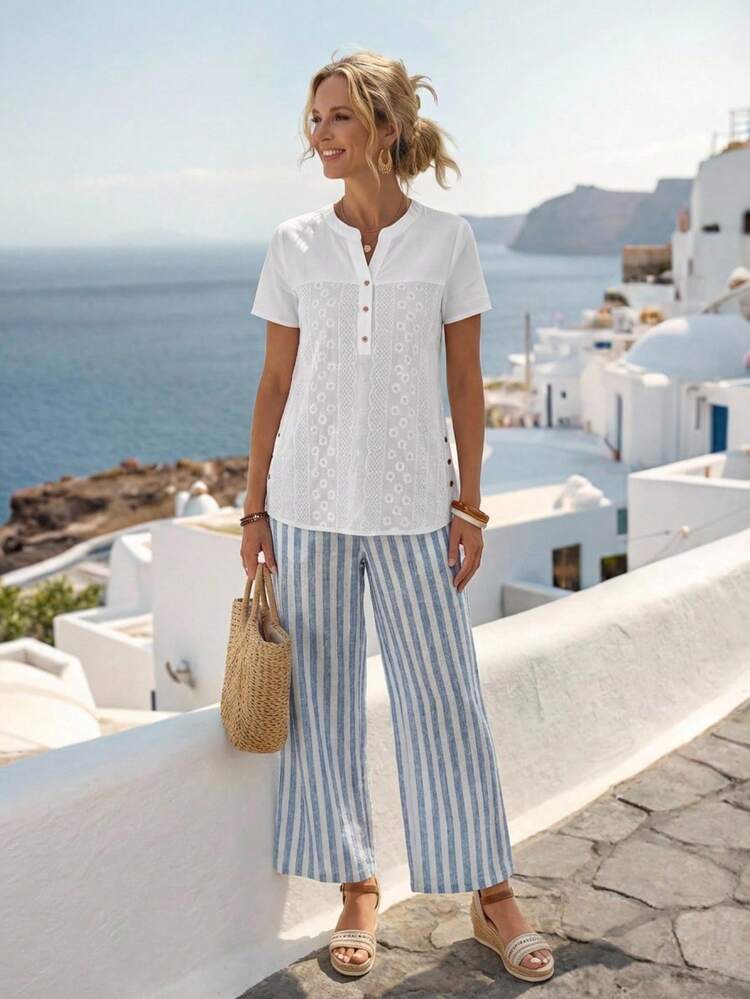 Women's Summer Cotton Embroidered V-Neck Short-Sleeve Shirt,Short Sleeve Tops