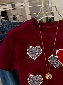 Girls' Short Fitted T-Shirt, Casual Minimalist Heart & Rhinestone Print Sleeve Round Neck Tee, Suitable For Summer, American Style, Wine Red - Pink - View 6