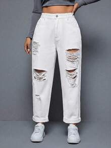 SHEIN ICON Jeans desgastados de unicolor versátiles y casuales de talla grande - Blanco - Ver 3
