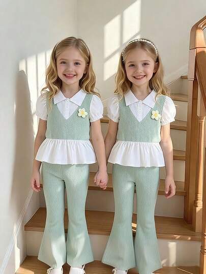 Conjunto informal para niña: Camisa de manga corta con pétalos y pantalones acampanados en 2 piezas