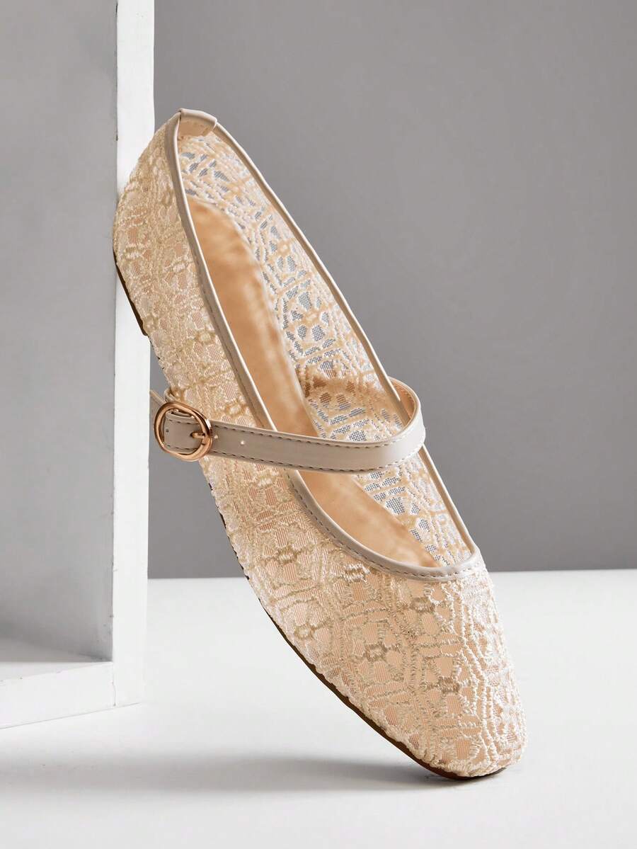 SHUZIA Women's Comfortable Floral Knitted Lace Round Toe Ballet Flats - Beige - View 1