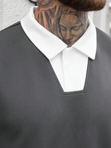 男士撞色短袖休闲通勤Polo衫 - 灰色 - 查看 5